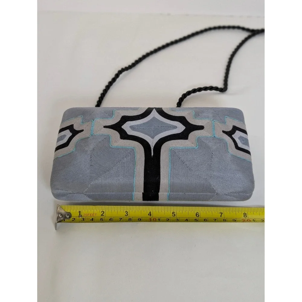 Beatriz Cheska Cross Clutch Embroidery Evening Bag Grey Black Geometric Handmade